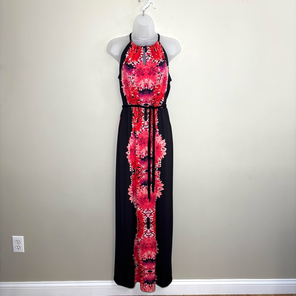 Cato Halter Maxi Dress Black Pink Red Floral Sz S Braided Belt Dressy Casual NWT